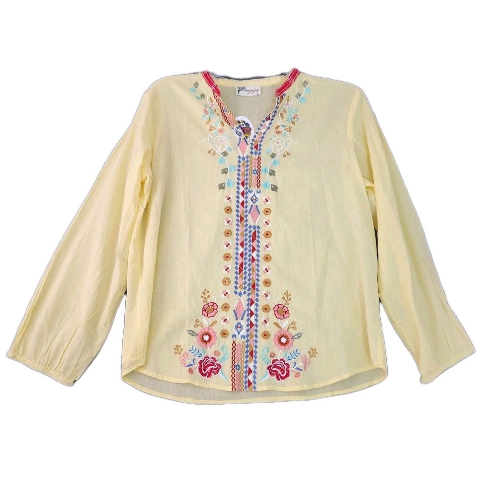 Magazine NWT Yellow Tunic Embroidered Floral BOHO Festival Flowy Top Sz L Cotton